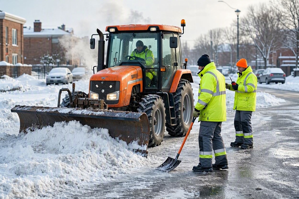 Räumfahrzeug räumt eine verschneite Stadträume im Winterdienst-Einsatz